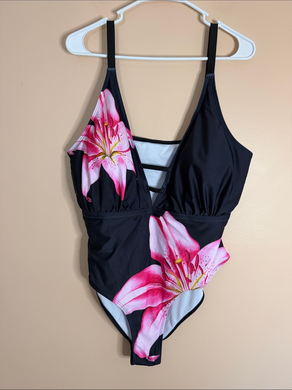 Black One-Piece Swimsuit with Pink Floral Print